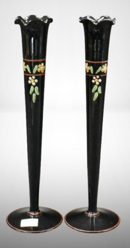 (2) Tiffin Glass 10"h bud vases, amethyst w/ floral decoration