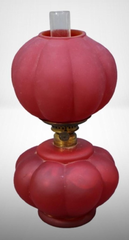 Ruby Satin Glass miniature Gone with the Wind oil lamp, 9.5"t