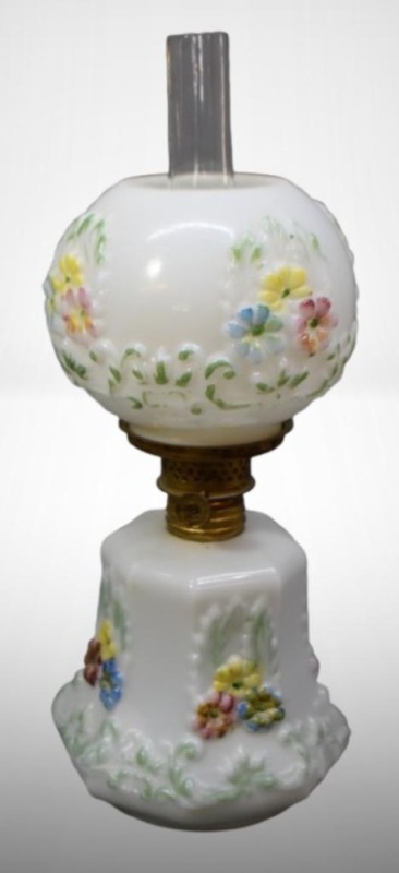 Paneled Cosmos miniature oil lamp, embossed flowers