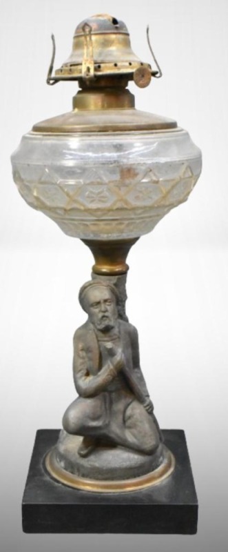 Figural Man kneeling with riflge Oil Lamp, marble base, EAPG style font