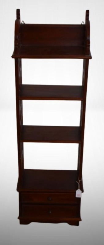 Mahogany carved Chippendale-style shelf book stand, 2-drawer storage