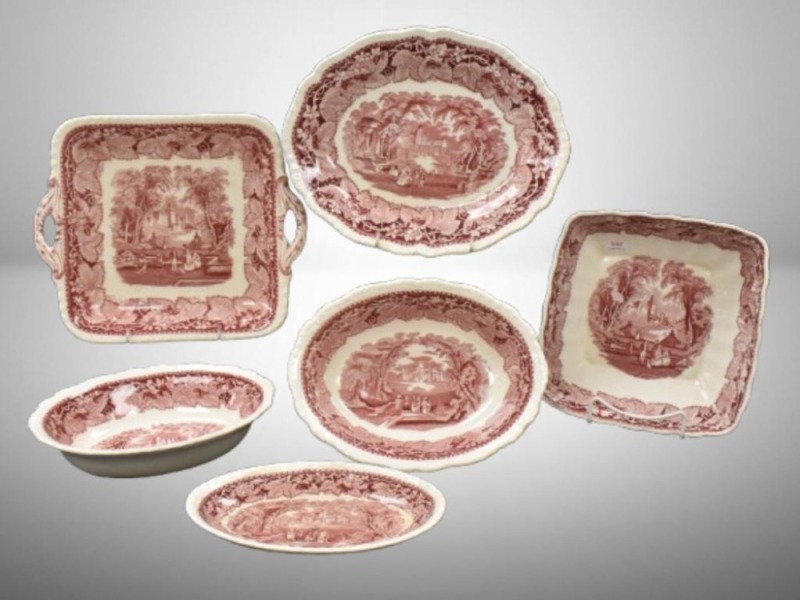 (6) Vista by Mason's England Transferware pcs. Incl. square tray, platters and bowls, red