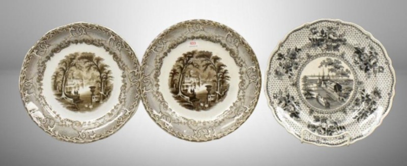 (3) Transferware 9.75"d plates: 2-brown "Venus"; 1-black"Erie Canal at Buffalo"