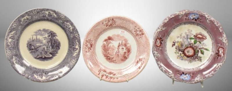 (3) Ironstone Transferware plates: 9" "Roselle", red; 9.75" Excelsior/ C. Wooliscroft; 9.75" "Medina", Cotton and Barlow, lavender
