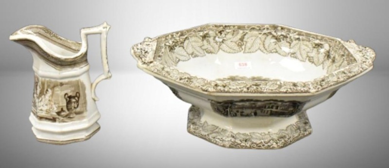 (2) Brown Transferware pcs: 8-sided pedestal bowl, Vista/ Shelton, 12"d x 4"h; 5" cream pitcher