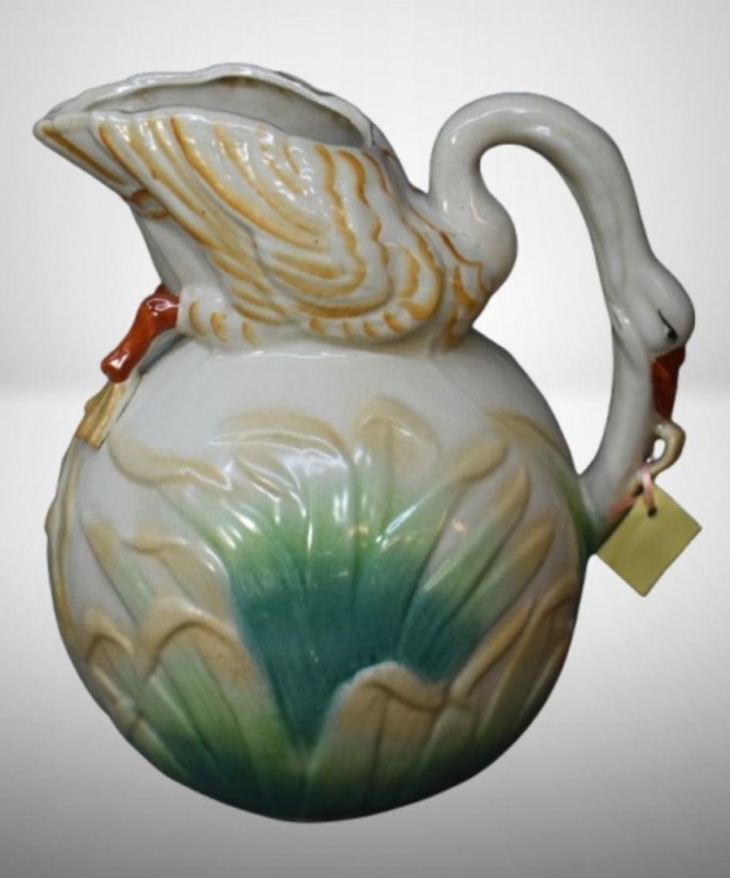 Majolica-style handpainted ceramic Swan pitcher, 11.5" tall