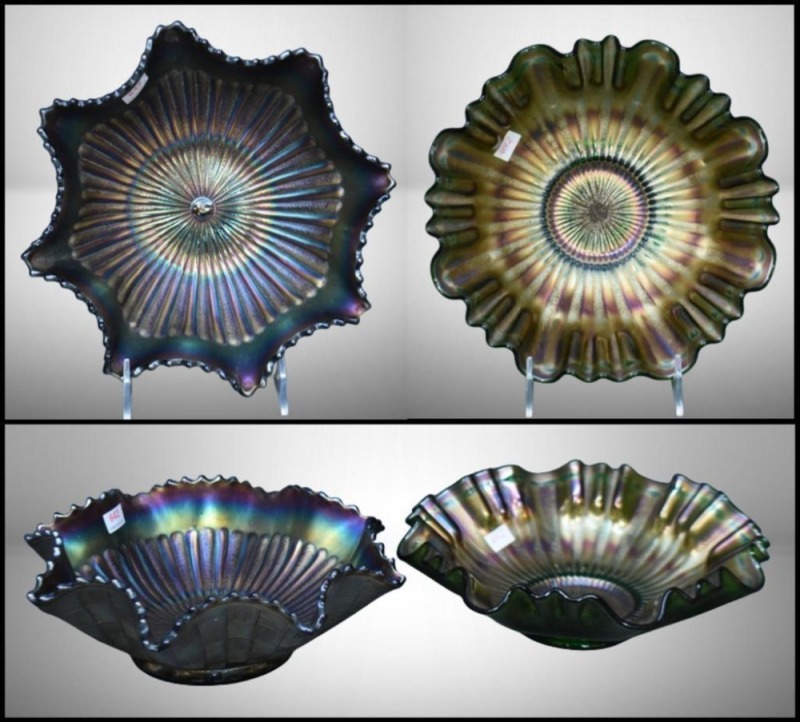 (2) Carnival Glass 9"d Stippled Rays bowls: 1-mrkd. Northwood, Basketweave exterior, amy.; 1-green w/ 3-in-1 border
