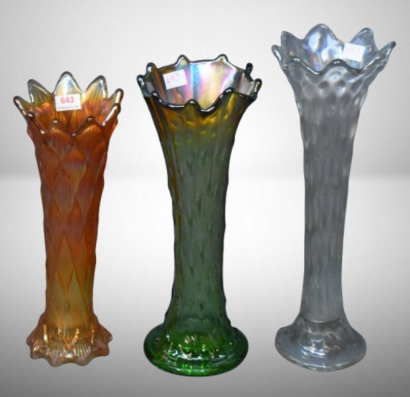 (3) Carnival Glass vases: 9.5" Dugan Lined Lattice, marigold; 10" Northwood Tree Trunk, green; 11" opalescent