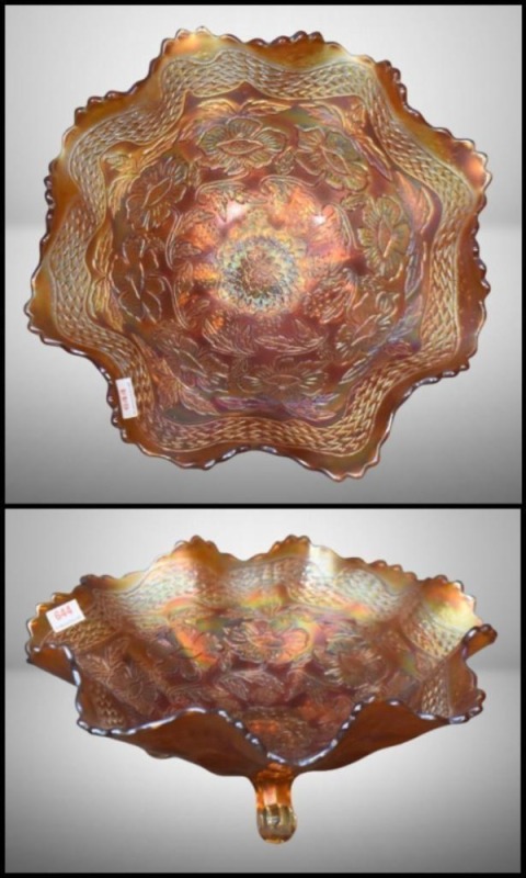 Fenton Carnival Glass Two Flowers 3-ftd. bowl, marigold
