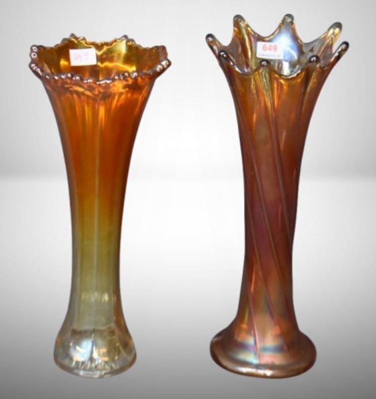 (2) Carnival Glass marigold vases: 10" Flute; 11" Spiralex