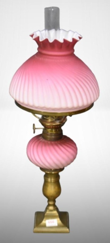 Cranberry Ribbed Satin Glass peg lamp, 8" to top of burner