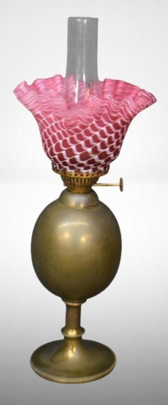 J. Hinks and Son brass/ copper kerosene lamp w/ cranberry opal. Nailsea shade