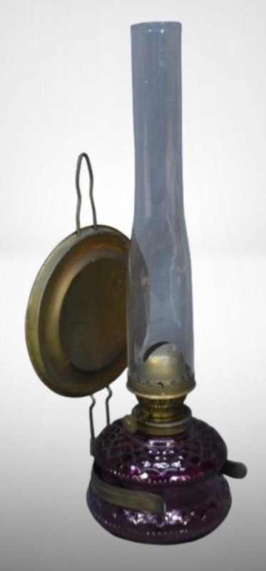 Wall mount Ditmar oil lamp, purple glass font