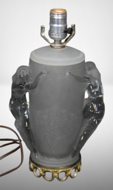 Art Deco mrkd. Aladdin Lady lamp w/ bronze base, dbl. nudes, frosted and clear glass
