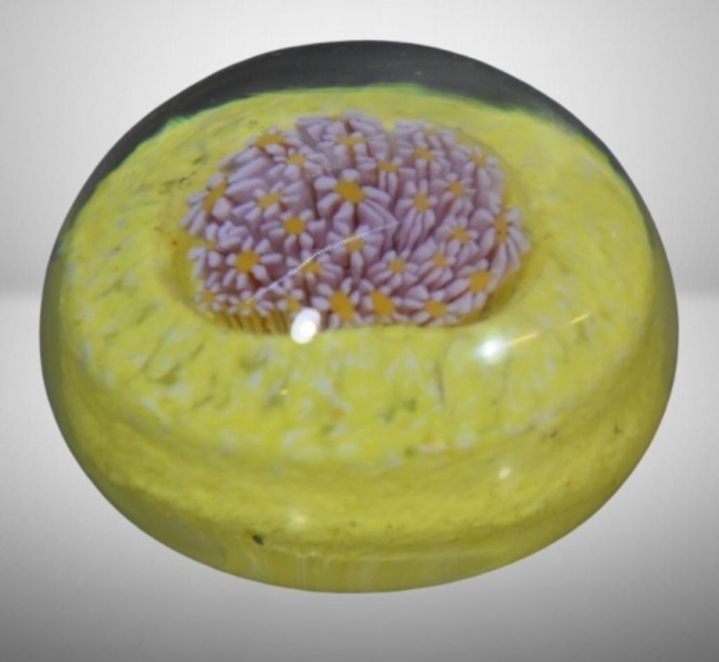 Glass paperweight, dainty violet flowers surrounded by yellow, 1.75"d