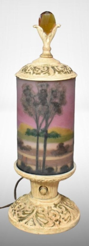 Art Deco mantle/ bedside 14"h lamp, cylindrical shade w/ painted landscape scene