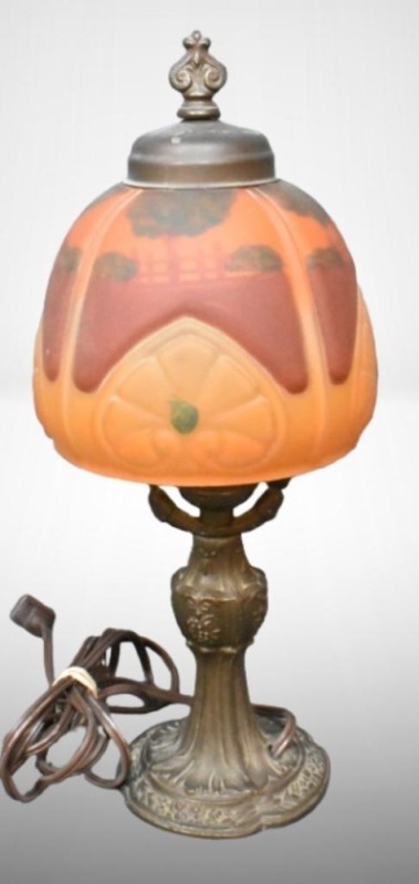 Art Deco reverse painted 14" tall curved glass boudoir lamp