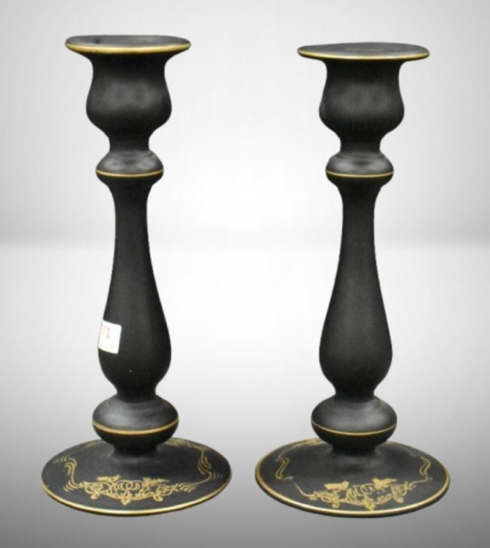Pair of Black Tiffin Satin Glass 8" candlesticks w/ gold decoration