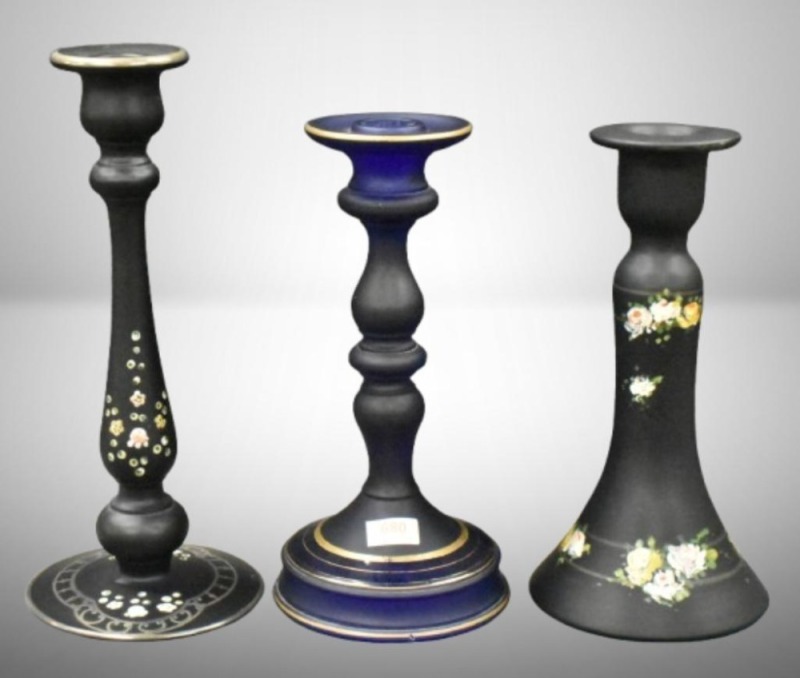 (3) Tiffin Satin Glass candlesticks: 8.5" cobalt, 8.5" and 10" black
