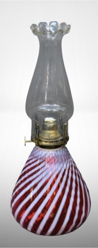 Fenton Cranberry opalescent Swirl kerosene lamp