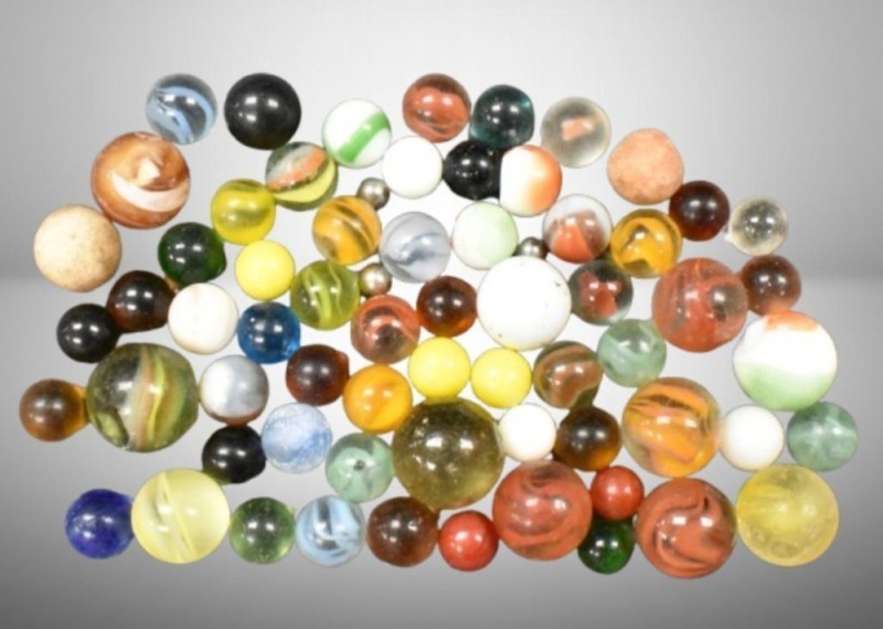 Mixed assortment of marbles, various sizes/ colors and makes (50+)