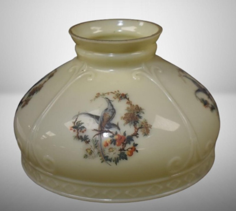 Custard lt. yellow lamp shade w/ colorful peacock on 4 panels