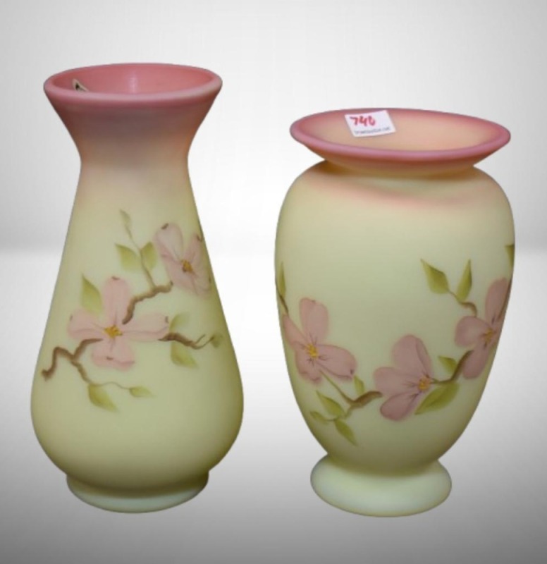 (2) Fenton Burmese Dogwood vases, 6.5" and 7.5"