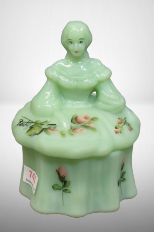 Mrkd. Mosser Glass (Cambridge, OH) figural Colonial lady cov. dresser box, green