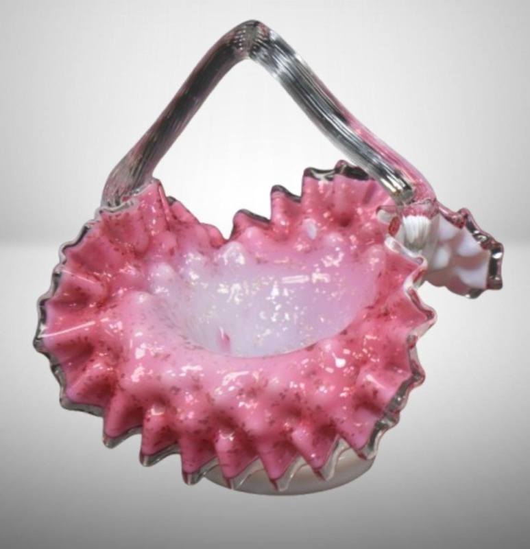 Cranberry Spangle Glass basket, Jack-in-the-Pulpit shape