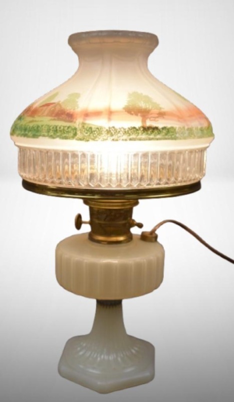 Aladdin Corinthian Model B-114 white moonstone elec. lamp with reverse painted 01105 shade