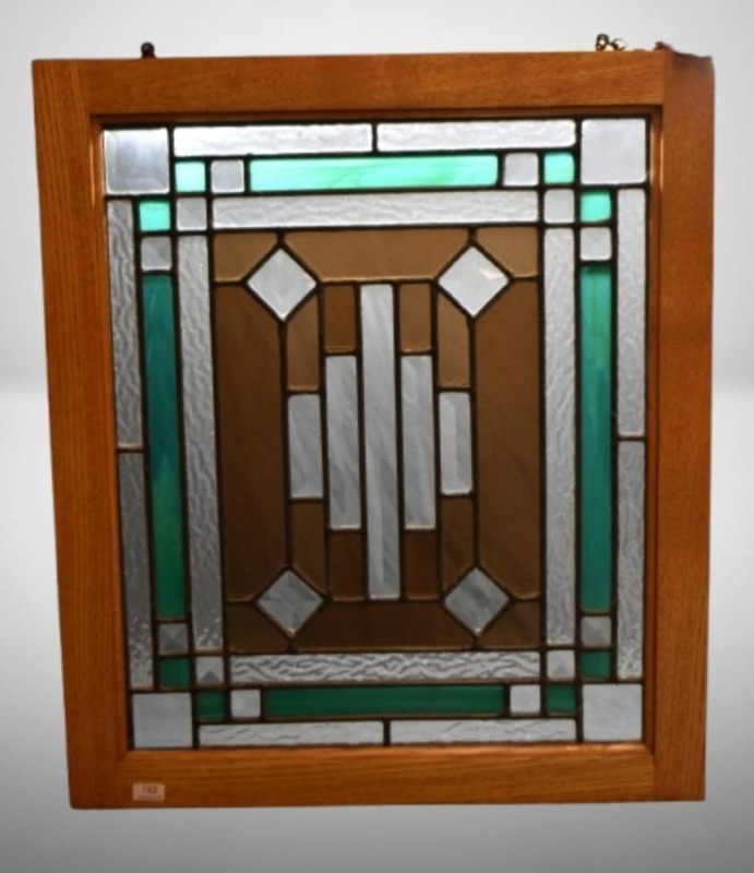 Stained leaded glass window, nice pattern of clear/ green and lt. brown coloring