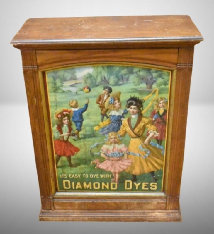 Diamond Dyes store display cabinet, tin lithograph front