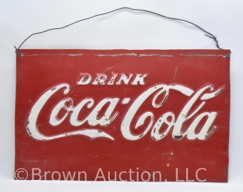 Drink Coca-Cola embossed 13" x 8" sign that has been cut down and off perhaps a pop machine