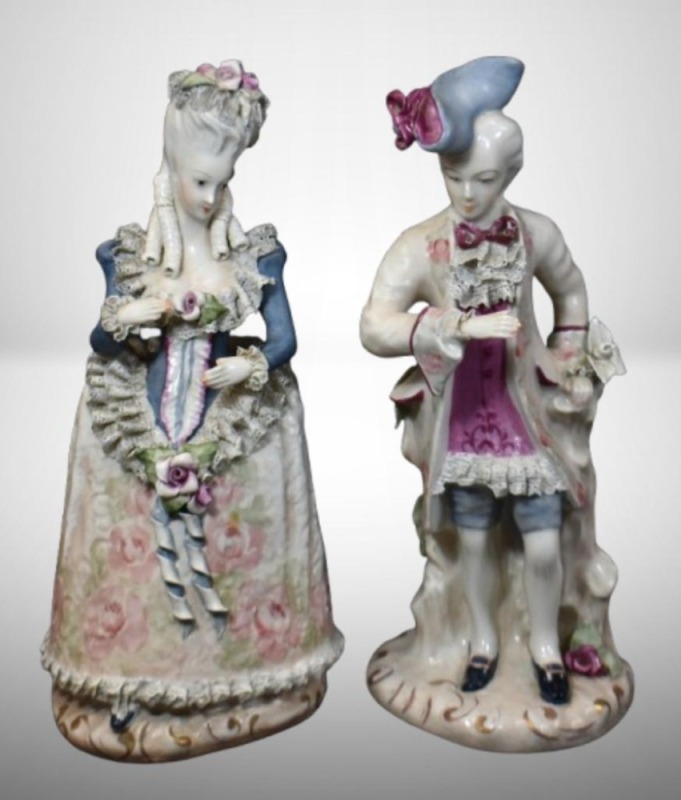 (2) Mrkd. Cordey porcelain figurines of Victorian couple