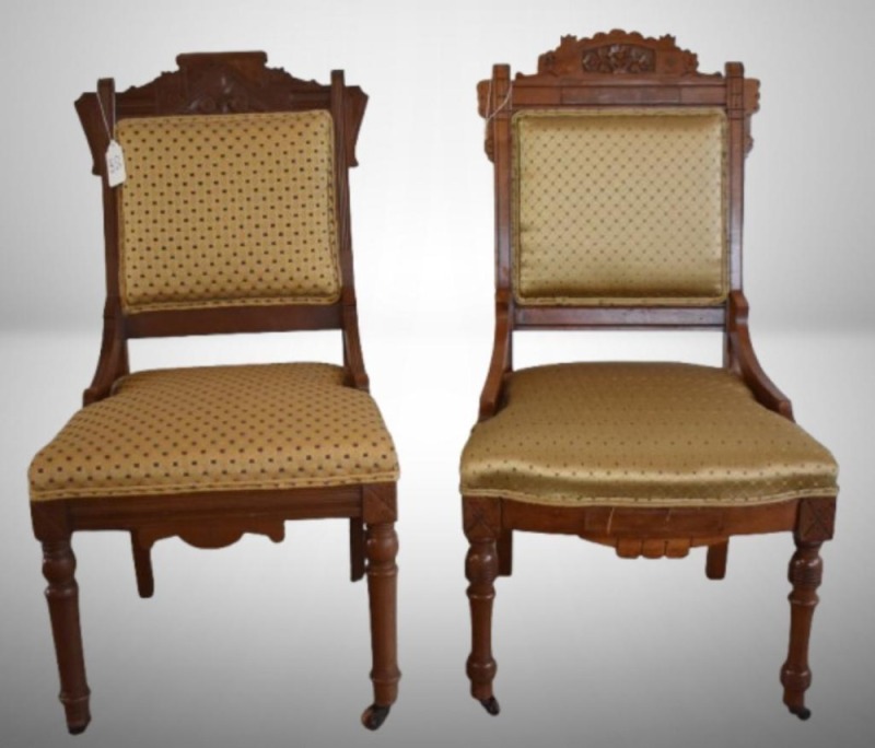 (2) Walnut Victorian upholstered parlor chairs, carved back crests