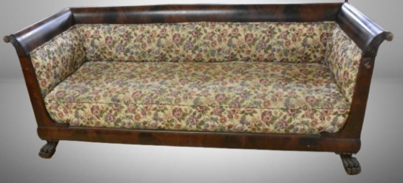 Even arm settle, wood frame w/ large paw feet, single upholstered cushion, curved arms