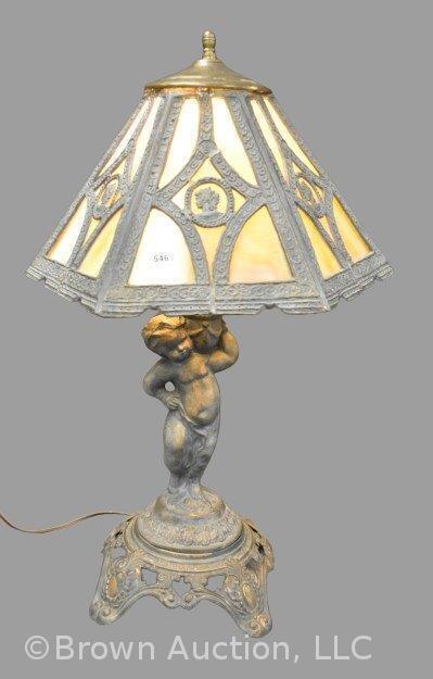 Vintage EF Industries #338 elec. table lamp w/ 6-panel leaded glass shade, cameo medallions featured on each panel