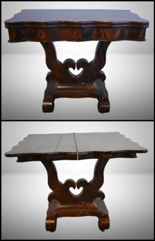Vintage folding flip top card/ game table, scalloped edged, heavy styled base