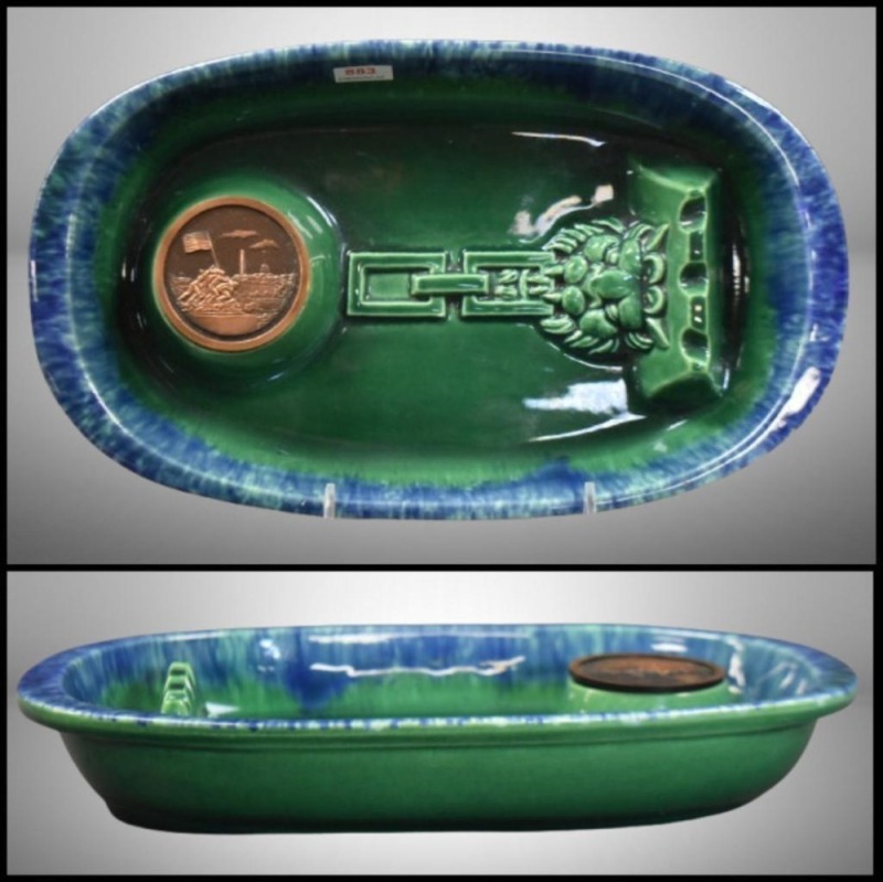 Roseville Hyde Park Gifts No. 1994 ashtray, dragon design, green w/ cobalt drip