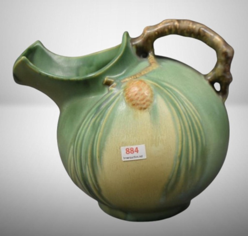 Roseville Pine Cone 8" ice lip pitcher, green