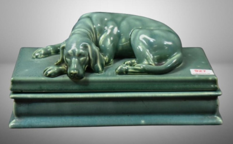 Mrkd. Mosaic Tile Co.cov. box with sleeping dog, green