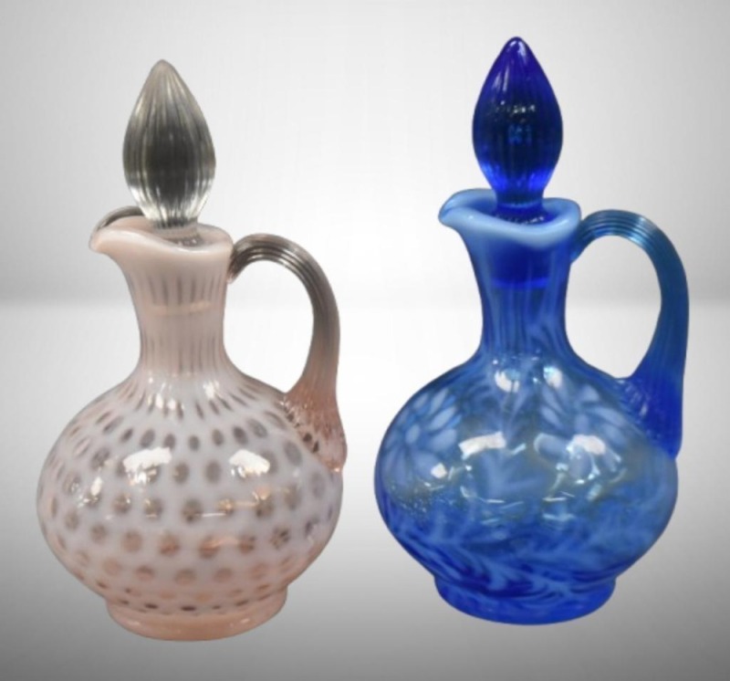 (2) Mrkd.Fenton opalescent cruets: blue Daisy and Fern; pink Baby Coinspot