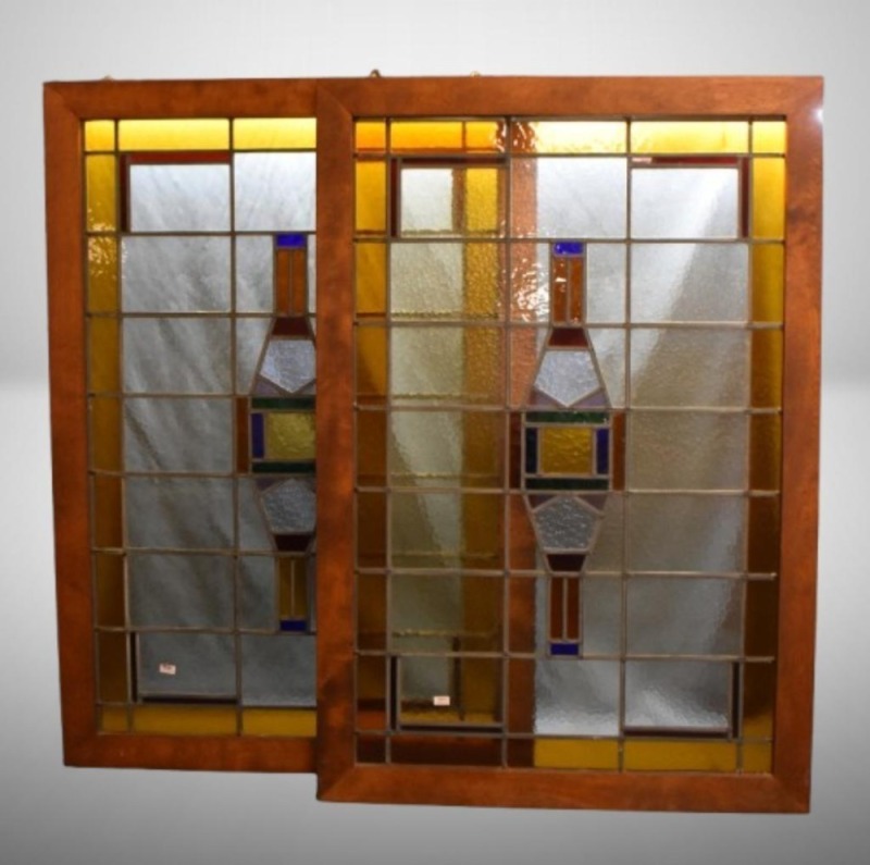 (2) Matching stained leaded glass windows - earth tones, clear and cobalt colors