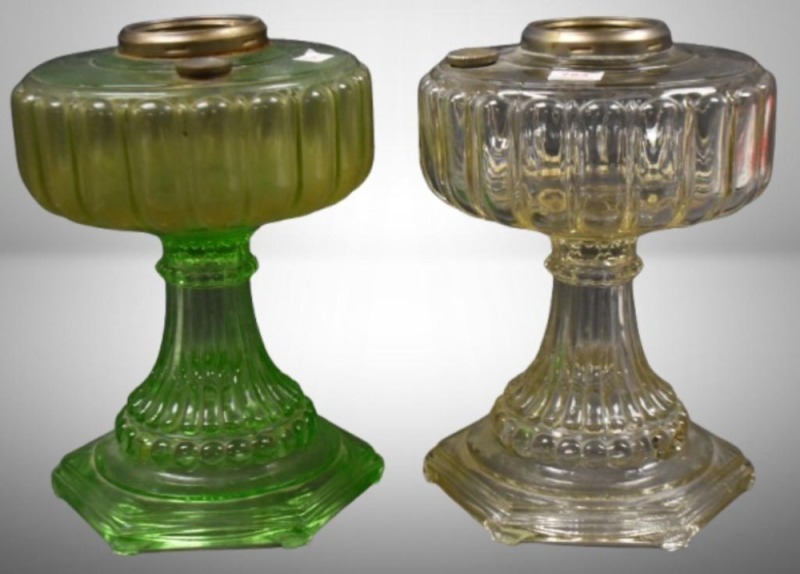 (2) Aladdin Cathedral Model B lamp bases, clear and green crystal