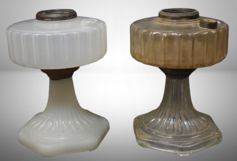 (2) Aladdin Corinthian Model B lamp bases, white moonstone and clear crystal