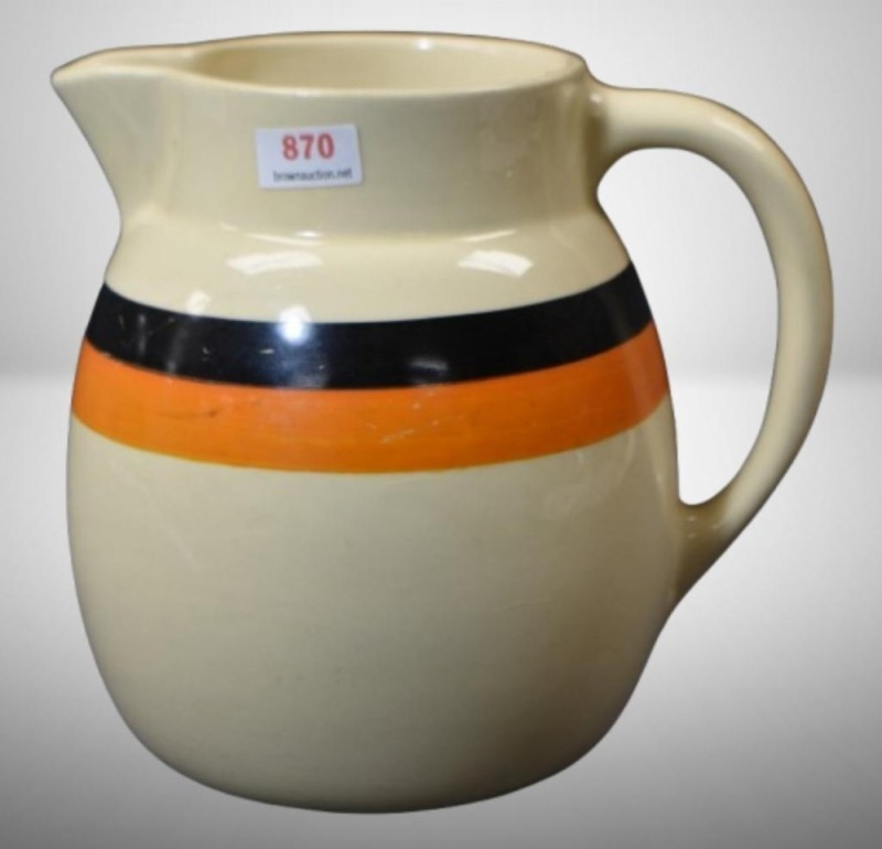 Roseville Creamware 6.5" pitcher w/ orange and black bands