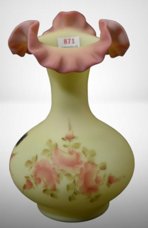 Fenton Burmese 8.5"h vase decorated with roses