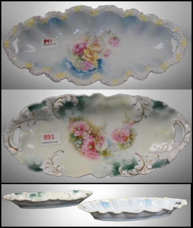 (2) R.S. Prussia small relish trays, floral decorations, red mark
