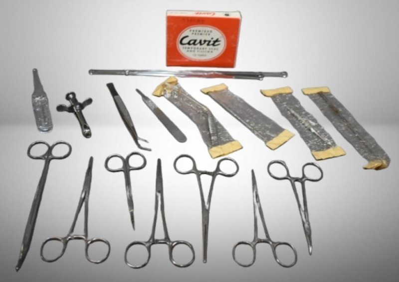 Box lot assortment surgical tools incl. Cavit boxed temporary seal and filling cavities, clamps, refillable injector, etc.