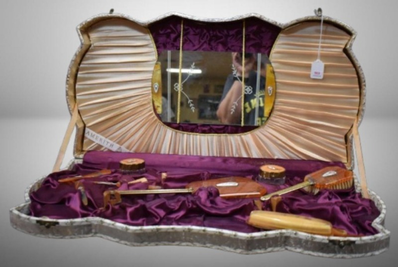 1930's Art Deco Amerith vanity dresser set, celluloid w/ floral design